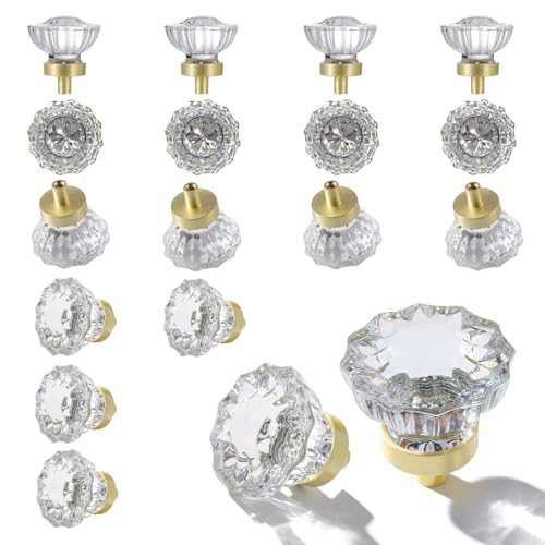 Image of 16 Pack Brushed Gold Crystal Cabinet Knobs for Drawer,1.5 inch
