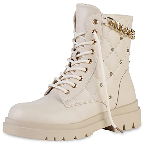 VAN HILL Damen Stiefeletten Schnürstiefeletten Profilsohle Schuhe Strass...