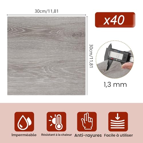 CYEER Lot de 40 Dalles PVC Autocollantes Sol 30x30 cm - Revêtement Vinyle Aspect Bois Gris (3,6 m²) - Épaisseur 1,3 mm - Sol Adhésif Étanche pour Cuisine, Salle de Bain et Rénovation DIY – vue 2