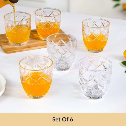 Image of Nestasia Transparent Small Juice Glasses Set of 6 (260 ml Each) - 100% Food Safe & Dishwasher Safe Diamond Cut Tumblers - Ideal for Water, Tea, Coffee & Refreshments - Perfect for Gifting