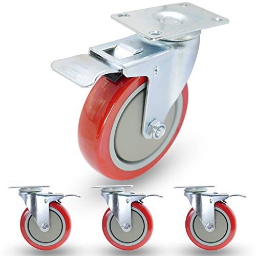 Casoter 5" Red Swivel W/Safety Dual Locking Caster, Top Plate Installation Metal Double Lock Brake Pu On Pp Wheel, Double Ball Bearing Smooth Quite Sturdy And Heavy Duty 1400Lbs Load Capacity 4-Pack #TOP3