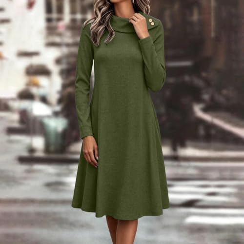Women's Cowl Neck Midi Dress Long Sleeve A-Line Button Dressese - 2