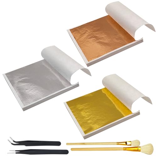 300 Láminas de Pan de Oro para Manualidades, Papel Dorado de 8x8.5 cm con Pinceles y Pinzas, Hoja Imitación Dorada y Plateada para Proyectos DIY, Arte y Decoración