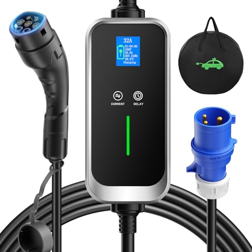 FNRIDS EV Charger 7kW Type 2 to CEE Plug 6M, Max. 7.4kW Type 2 EV Charging Cable, 10/16/20/24/32A Adjustable Current, 1-12H Delayed, IP67 Electric Car Charger with Digital Screen&32A Commando Socket