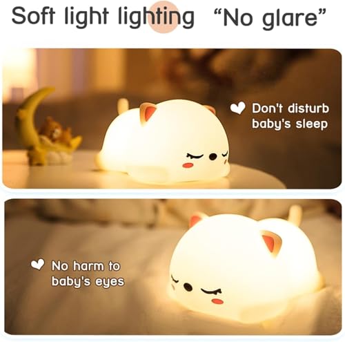 Image of Silicon Cat Night Lights for Kids, 7 Color Changing Mode, Rechargeable Lamp, Tap Control with USB Cable Perfect for Baby, Girl, Boys, Children