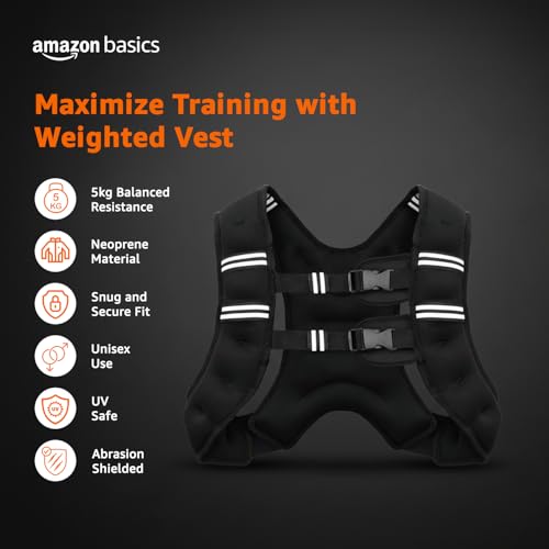 Image of Amazon Basics Adjustable Weighted Vest 5 kg for Men & Women | Breathable Neoprene, Secure Fit, Even Weight Distribution | Ideal for Running, Gym, Cardio & Home Workouts | Black