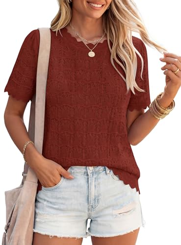 ZESICA Women's Summer Hollow Out Crochet Cover Ups 2026 Short Sleeve Crewneck Sweater Shirts Beach Vacation Outfits Wine Small