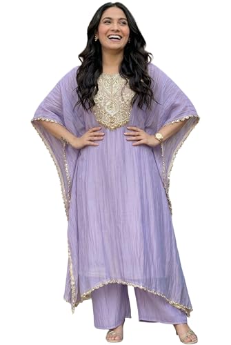 Image of GoSriKi Fendy Glass Embroidered A-Line Kurta with Palazzo for Women | Fendy Glass Grey | Kaftan Sleeve | Round Neck | Ethnic Wear Casual Wear