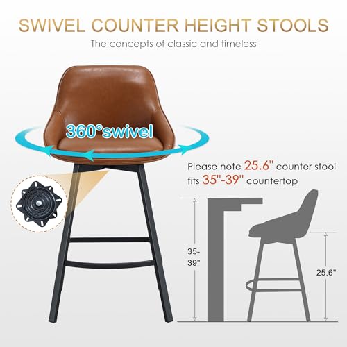 Image of Zesthouse Swivel Counter Height Stools Set of 4, Modern Upholstered Barstools with Backs, 26'' Faux Leather Counter Height Bar Stools, Metal High Chairs for Island Kitchen, Brownish-Orange