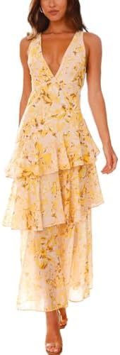 Women's Floral Maxi Dress Sexy Deep V Neck Backless Ruffles Dress...