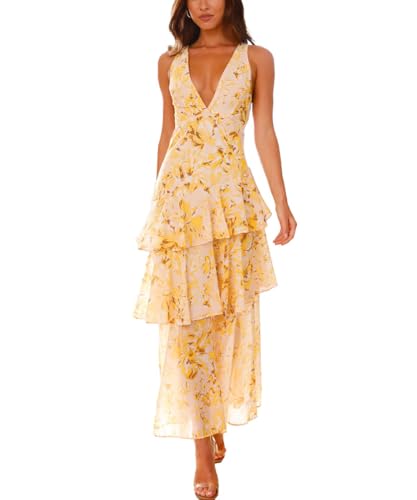 Women's Sexy Deep V Neck Maxi Dress Floral Backless Ruffles Hem Cocktail Party Long Dresses,Floral Yellow,S