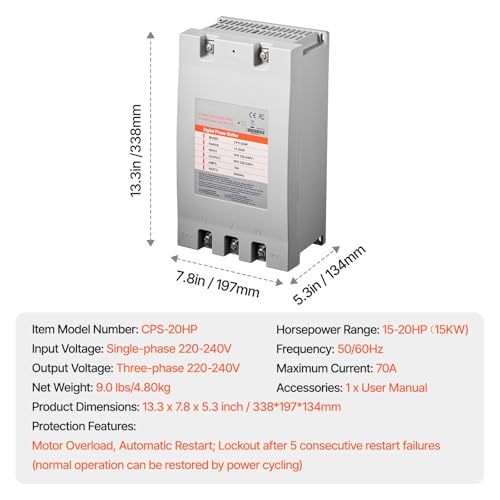 Happybuy 3 Phase Converter - 20HP 70A 220V Single Phase to 3 Phase Converter, 220V-240V Input/Output, Digital Phase Shifter for Residential & Light Commercial Use (Single Converter for One Motor) 7