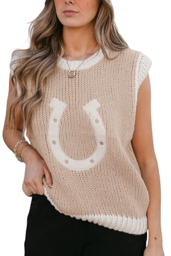 Foenlintenso Womens Tank Tops Casual Oatmeal Woven Horseshoe Color Contrast Trim Sweater Vest Sleeveless Round Neck Western Print Daily Summer Tops L