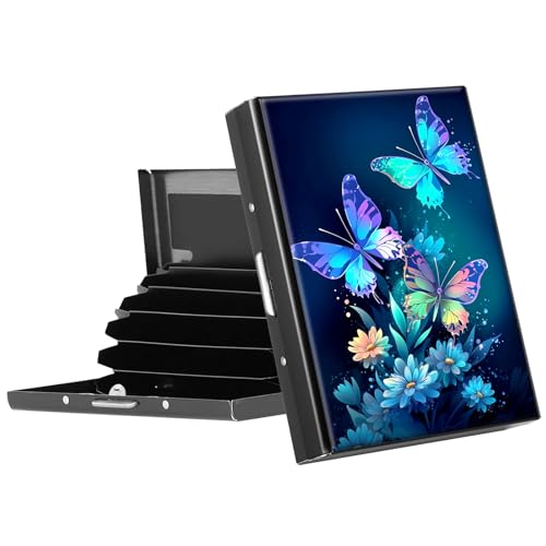 BFDHGQZC Metal RFID Blocking Credit Card Holder,Slim Metal Card Case Wallet for Women,Stainless Steel Pocket Travel Purse Protector with 6 Slots for ID and Bank Cards,Blue Butterflies Flowers