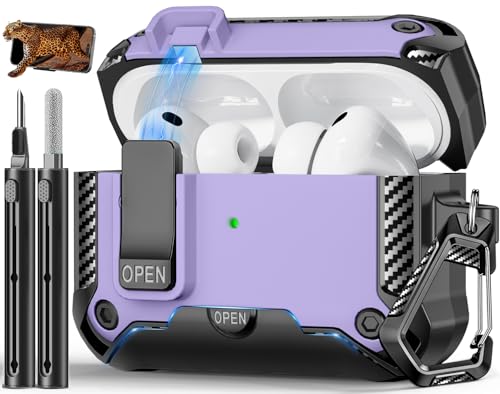 Image of for AirPods Pro 3 Case with Lock & Phone Stand(Purple) | Automatic Snap Switch Lock,Carbon Fiber Texture Design Cover with Cleaner Kit