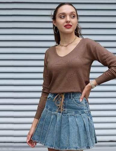 Image of Zeagoo Womens Sweaters Fall Trendy Casual Long Sleeve Shirt Lightweight V Neck Off Shoulder Crochet Pullover Top Outfit