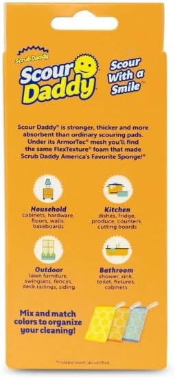 Scrub Daddy Scour Pads - Scour Daddy - Multi-Surface Scouring Pad, Absorbent, Durable, FlexTexture Sponge, Soft in Warm Water, Firm in Cold, Scratch Free, Odor Resistant, Easy to Clean 3ct (Pack of 2)
