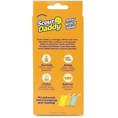 Scrub Daddy Scour Pads - Scour Daddy - Multi-Surface Scouring Pad, Absorbent, Durable, FlexTexture Sponge, Soft in Warm Water, Firm in Cold, Scratch Free, Odor Resistant, Easy to Clean 3ct (Pack of 2)