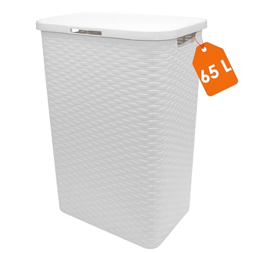 Kunststoff Wäschekorb weiß mit Deckel in Rattan Optik - 65 Liter