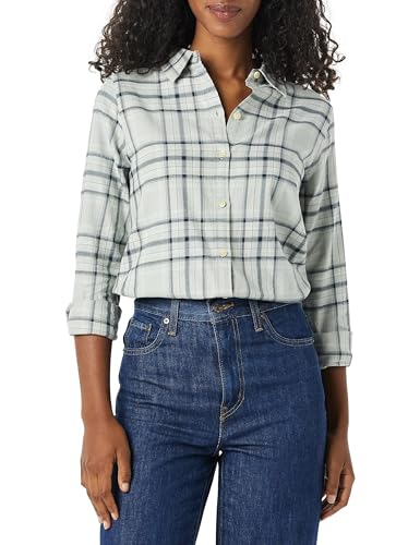 Amazon Essentials Women's Regular-Fit Long-Sleeve Lightweight Plaid Flannel Shirt, Black Grey Plaid, M