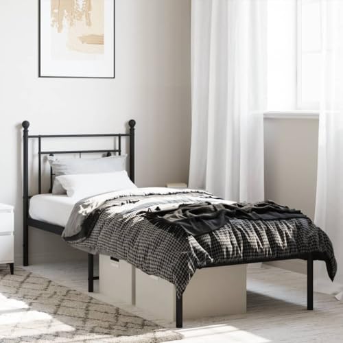 Frdhee Cama con somier, estructura de cama con cabecero de metal negro, 75 x 190 cm, cama doble para colchón, dormitorio, fácil montaje