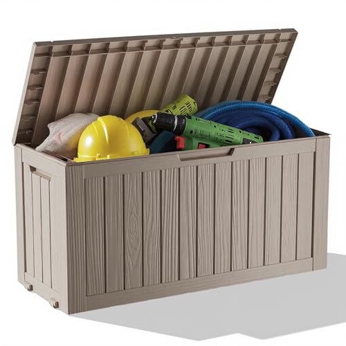 ComeWay 75 Gallon Outdoor Storage Box - Waterproof Resin Deck Box for Patio Cushions & Garden Tools - Lockable Indoor/Outdoor Storage Bin - Stylish Grey Design