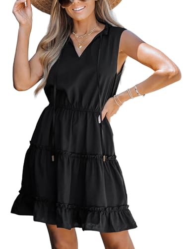 Image of CUPSHE Womens Summer Dresses Tie Neck Sleeveless Tiered Ruffle A-Line Tunic Mini Dress