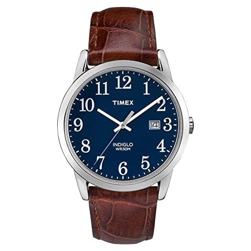 Timex Men's Easy Reader 38mm Watch – Silver-Tone Case Blue Dial with Brown Croco Leather Strap