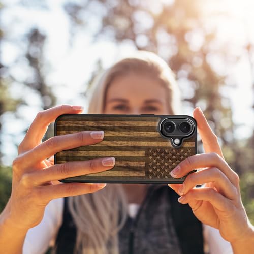 Image of Carveit Wood Case for iPhone 16 Plus, The Classic American Flag, Walnut | Magnetic iPhone 16 Plus Case Compatible with MagSafe Wireless Chargers, Engraved Wood with Soft TPU Shockproof Bumper