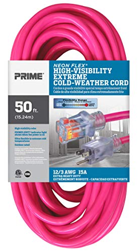 Prime Wire & Cable Ns513830 50-Foot 12/3 Sjtw Flex High Visibility Extra Heavy Duty Outdoor Extension Cord With Primelight Indicator Light, Neon Pink #TOP1