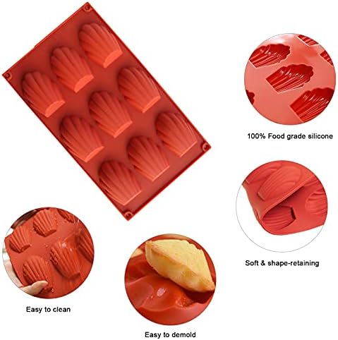 Madeleines Baking Tray, Set of 2 Madeleine Tray, Madeleine Baking Mould, Non-Sticky Silicone Madeleine Mould,9 Hole Cake Mould for Cake/Chocolate/Candy/Biscuits (Red)