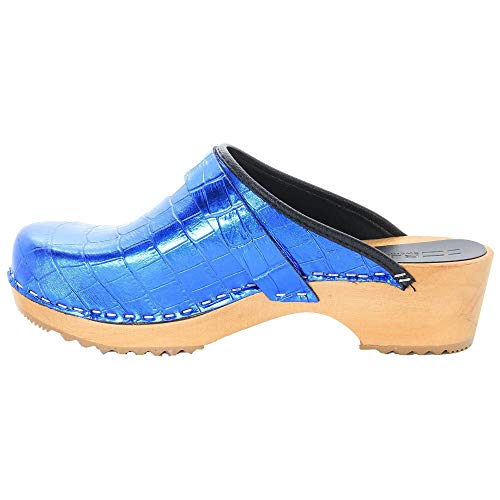 Bjork Women's Maja Open Back Leather Clogs - Blue Croco Embossed (Eu-40) #TOP3