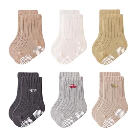 VWU Baby Toddler Socks with Grips Kids Girl Boy Crew Ankle Socks Cotton 0-5T 6 Pack (US, Age, 3 Months, 12 Months, Neutral Set B) Cover