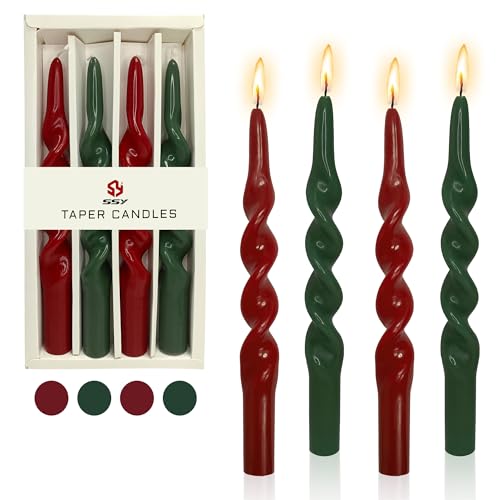 Spiral Taper Candle Green Candlesticks,Set of 4 Gedengni Long Candle Sticks Unique Tapered Candles Red Twisted Candlestick for Home Décor Weddings Festive Holiday (1D4PCS-REDGRE)