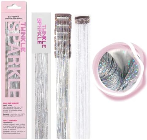 Pack of 6Pcs Clip in Hair Tinsel Kit, 19.6 Inch Heat Resistant Glitter Tinsel Hair Extension with Clips on, Fairy Hair Sparkle Strands Festival Gift Party Dazzle Hair Accessories for Women Girls Kids (SILVER)