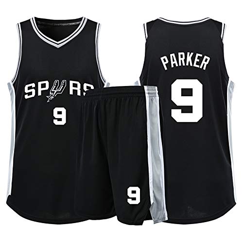 LCY Basketball Jersey Hommes - Maillot NBA Spurs # 9 Adultes Parker Enfants Unisexe Respirabilité Basketball Vêtements de Sport Set,Noir,S:135~145CM