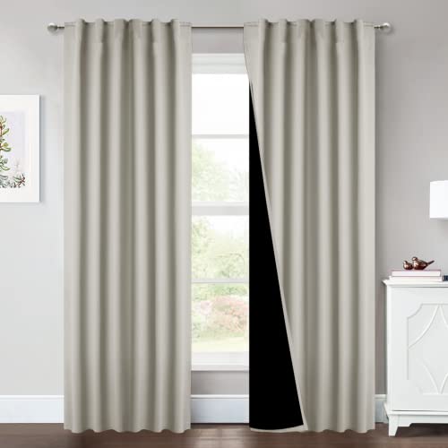 Image of NICETOWN Natural Living Room Completely Shaded Draperies, Privacy Protection & Noise Reducing Drapes for Laundry, Black Lined Insulated Window Treatment Curtain Panels (2 Pieces, W52 x L84)