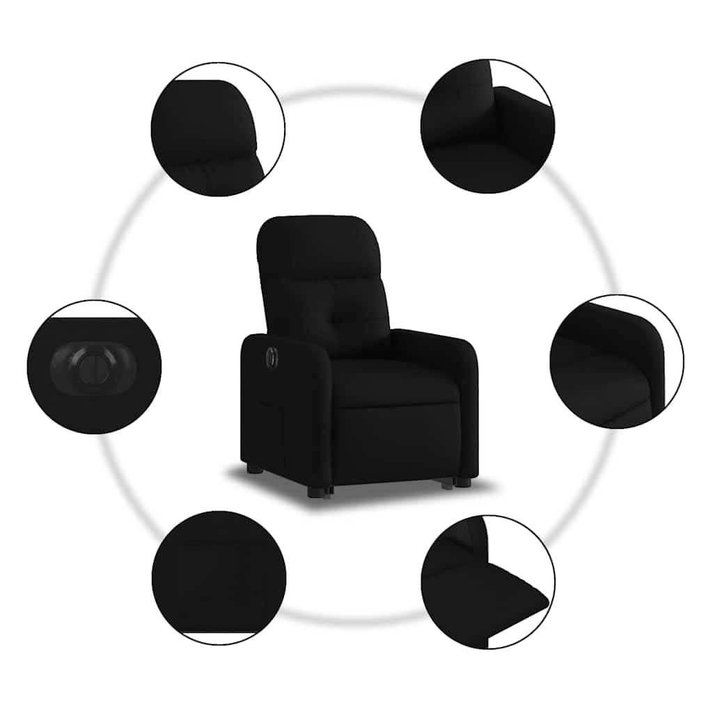Sillón elevador reclinable eléctrico de tela negra con motor para elevación e inclinación hasta 135 grados, estructura estable y bolsillo lateral para máximo confort