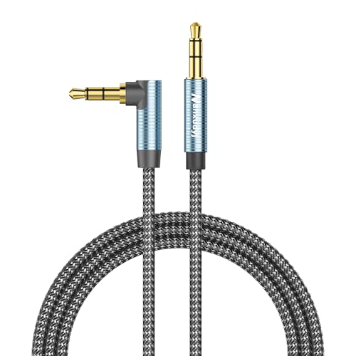 Nanxudyj AUX Cord 3ft,3.5mm Stereo Audio Cable portable 90 Degree 3.5mm Male to Male Stereo Aux Cable Right Angle TRS Cable,Hi-Fi Sound, Compatible for car, Headphone,Tablets, Speakers,24K Gold Plated