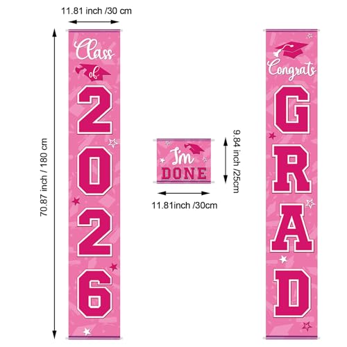 Image of Moukeren 3 Pieces 2026 Graduation Party Decorations Graduation Porch Sign Class of 2026 Grad Hanging Porch Banner Backdrop Door Sign for Grad Party Wall Home Door Decor (Rose Red)