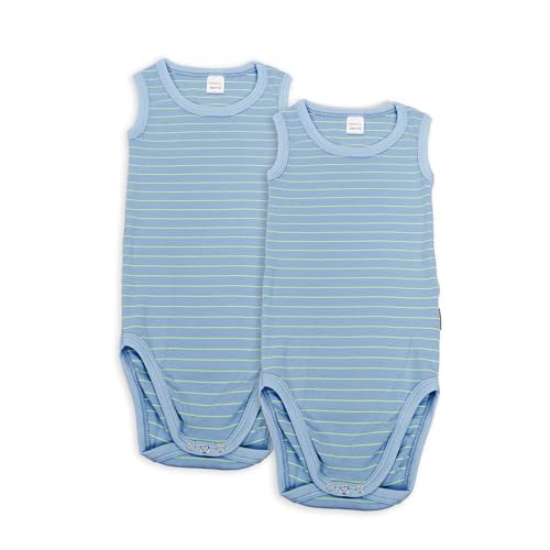 wellyou Doppelpack Baby Body- Kinder Body ohne Arm Neongelb hellblau gestreift Größe 104-110, Made in Europe