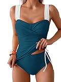B2prity Tankini Swimsuits for Women Tummy Control Two Piece Bathing Suit High Waisted Wrap Swim Suit with Bottom Swimwear Peacock Green, White
