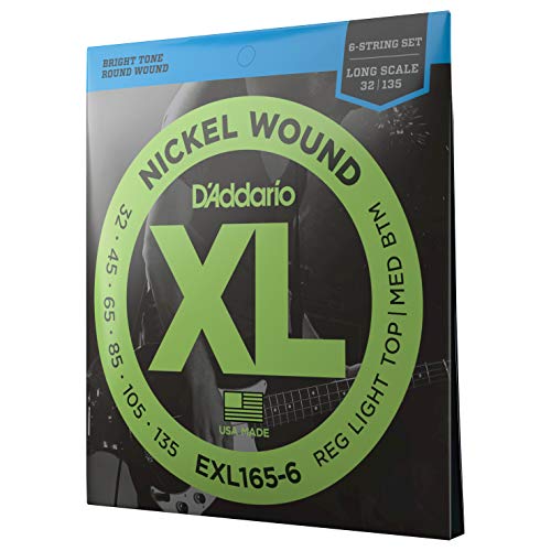 D'Addario Electric Bass Guitar Strings, XL Nickel, EXL165-6, Regular Light Top/Medium Bottom Gauge 32-135, Long Scale, 6-String Set, Pack of 1