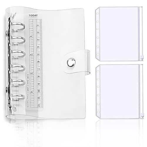 SFLHHDM 透明 6穴 バインダー, a7 リフィル式手帳, 防水カバー付き, メタルリング, スナップボタン留め, 個人情報管理 ノート 可愛い 定規付き システム手帳カバー (透明, A7+2枚ポケット付き)