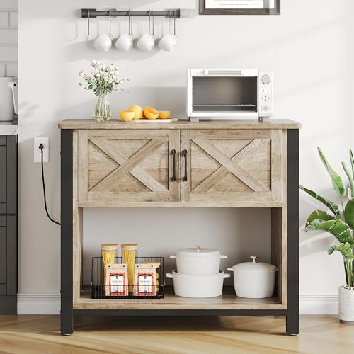 YITAHOME Sideboard Buffet Cabinet with Storage, Farmhouse Coffee Bar Cabinet with Power Outlet, 32 Inch Kitchen Cupboard Table with 2 Doors for Living Room, Entryway, Kitchen, Black