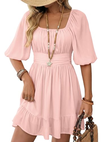 Dokotoo Square Neck Summer Dresses for Women Casual Lantern Sleeve Beach Vacation Clothes for Women Ruffle A-Line Flowy Dress Tie Backless Pink Sexy Dresses Shirred Elastic Waist Sun Dress Small