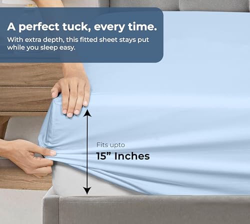 Image of Royale Linens Fitted Sheet With Pillowcases - King Fitted Sheets With 2 Pillowcases - 300 Thread Count 100% Organic Cotton - Fit Mattress Up to 18 inch Deep - Soft & Breathable - Lake Blue (No Flat Sheet)