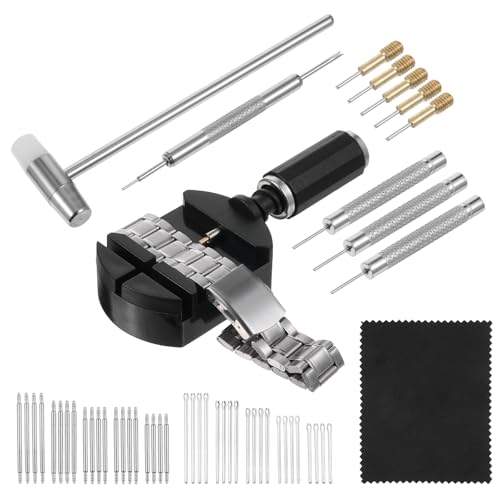 FdcLixuvol Uhrenarmband Reparatur Werkzeug Set, 52 Stück Anpassen Uhrenarmband Werkzeug, Reparatur Set mit Uhrenregulatoren, Uhrenstifte, Hämmer, Federstege, Uhrenhammer, Stanznadel (Schwarz)