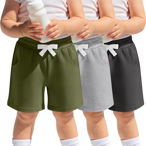 LessonZoo 3 Pack Toddler Shorts Cotton Summer Clothes Kid Casual Pull On Elastic Waist Shorts with Pocket for Boy and Girl(Army Green, Light Mixed Gray, Gray,4T)