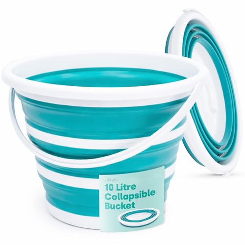 LIVIVO Collapsible Bucket – Large 10L Capacity Sturdy Silicone Foldable Bucket with Comfortable Grip Handle - Handy Folding Bucket, Neat and Space Saving Solution for Laundry, Car Wash (Turquoise)